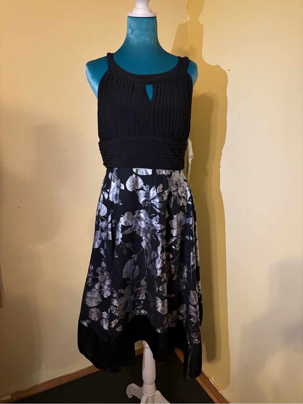 Black Floral A-Line Dress with Pleated Bodice